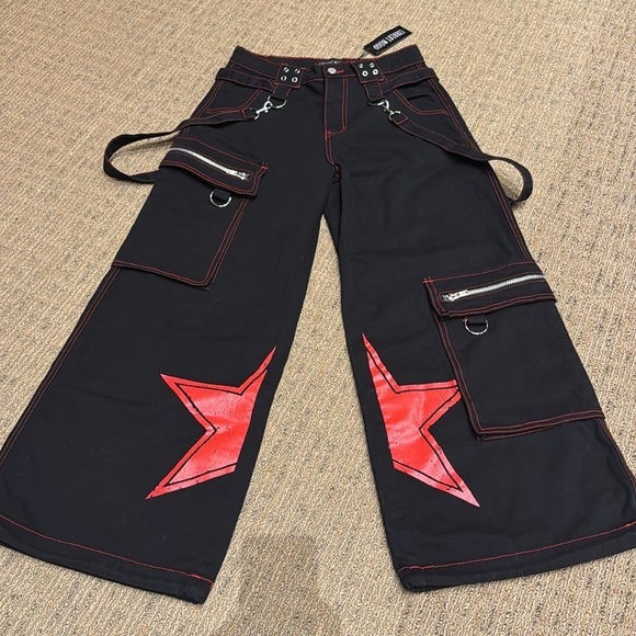 90s Rave Style Current Mood Black Red Baggy Wide leg cargo pants New punk sz S - Picture 3 of 15